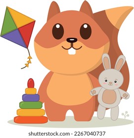 Squirrel with toys. Vector graphics on the theme of childhood