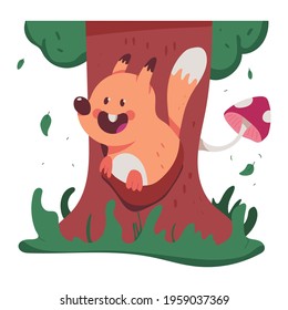 Squirrel in tree hollow vector cartoon illustration isolated on a white background.