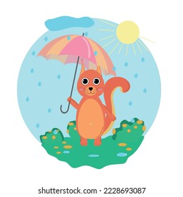 Squirrel with umbrella under spring rain. Vector illustrations for background, calendar, greeting card, party invitation card, website banner, social media banner, and marketing material.