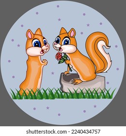 squirrel  valentine love rose hand vactor illutration