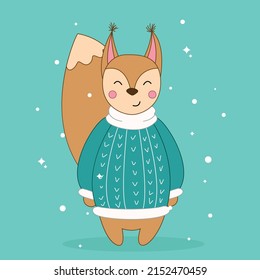 Squirrel vector, cute squirrel in knitted sweater, forest animals, cartoon squirrel, squirrel in hand drawing style	