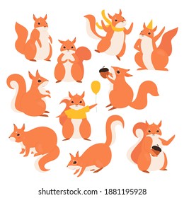 Squirrel vector illustration set. Cartoon cute funny furry squirrel characters collection, fluffy wild animals holding acorn or birthday balloon, wearing holiday hat and jumping isolated on white