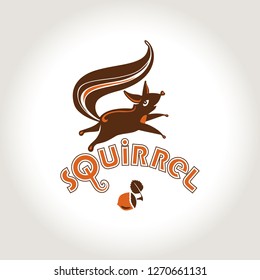 Squirrel vector logo. Template jumping squirrel and nutlet.