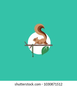 Squirrel vector with long shadow, isolated vector illustration on green background