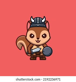 Squirrel Viking Cute Creative Kawaii Cartoon Mascot Logo