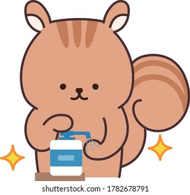 Squirrel washing hands with sanitizer. Vector illustration
