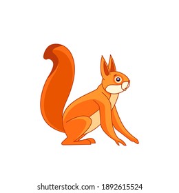 Squirrel watches curiously from above. Cartoon character of an rodent mammal animal. A wild forest creature with orange fur. Side view. Vector flat illustration isolated on a white background.