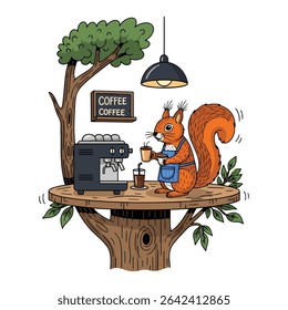 A squirrel wearing an apron makes coffee with an espresso machine on a tree platform.