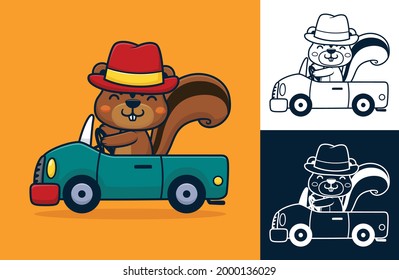 Squirrel wearing bowler hat driving car. Vector cartoon illustration in flat icon style
