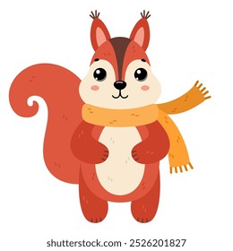 Squirrel wearing warm scarf. Сute winter forest animal, isolated on white background. Flat vector illustration. Winter and autumn design, cold weather emoticon sticker.