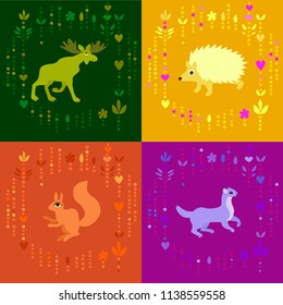 squirrel weasel moose hedgehog mammal forest animals with decorative nature elements cartoon flat style vector set corolful on yellow with decorative ornamental elements etnic forest grass cartoon fla