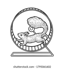 ardilla en el bosquejo de ruedas grabando ilustración vectorial. Diseño de impresión de ropa de camiseta. Imitación de tablero de raquetas. Imagen dibujada a mano en blanco y negro.