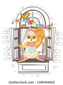 Squirrel in the window desorated with birthday colorful flags. Series of vector illustrations with cute funny animals in cartoon style. 