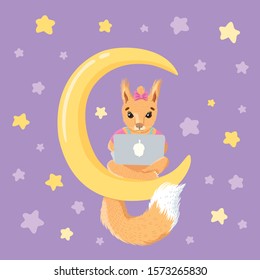 Squirrel is working on a laptop. Moon. Starry night. Vector illustration.