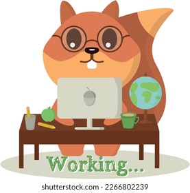 Squirrel works at the computer. Vector graphics on the theme of work
