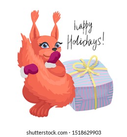 Squirrel with wrapped gift box and ribbon. Happy holidays inscription. Cute animal character. Winter holidays clipart. Greeting card, poster. Cartoon vector illustration isolated on white background