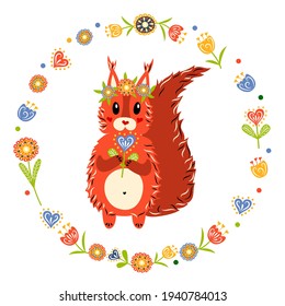 A squirrel with a wreath of flowers on its head. Hello spring. Vector illustration. The isolated image on a white background.