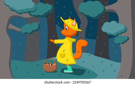 Squirrel in a yellow coat in the forest in the rain. The squirrel held out its paw to the raindrops. Picking mushrooms in a basket. The character stands out brightly against a monochrome background.