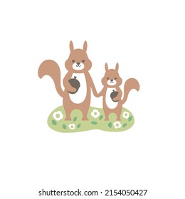 Squirrels and acorns, flat vector symbol design illustration