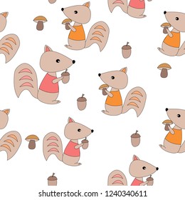 Squirrels with acorns seamless pattern. Design for gift wrapping, wallpaper, childrens room, clothing. Vector illustration.