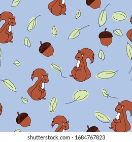 Squirrels among leaves and acorns on blue background , seamless vector repeat pattern, surface design