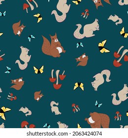 Squirrels autumn vector repeat pattern on dark green background