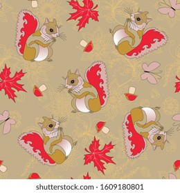 Squirrels, butterflies, maple leaves and mushrooms on floral background. Cute seamless pattern.