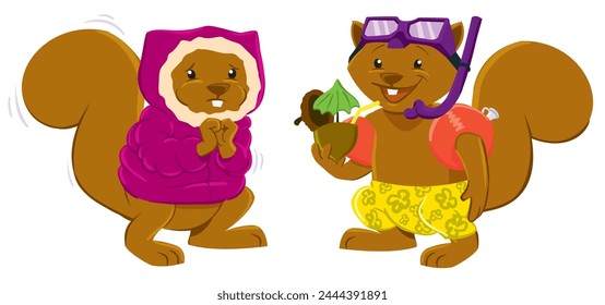 Squirrels Cartoon Cute Coat Cold Trunks Warm Vector Pack