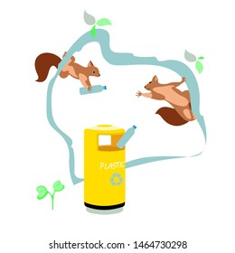 Squirrels clean the street from garbage. Plastic Garbage Bins. Go green. Clean up trash