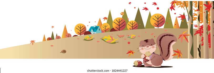 Squirrels collect acorns in the autumn forest