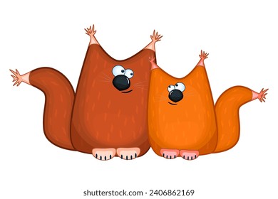 Squirrels couple. Funny brown squirrel in cartoon style. Pair of cute chanterelle in love. Cute chanterelle character. Stylized forest animals. Vector