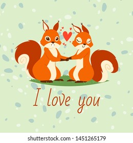 Squirrels couple in love banner, greeting card vector illustration. Cartoon adorable animals holding hands. Flying hearts. I love you. Valentine Day characters pleased with relation