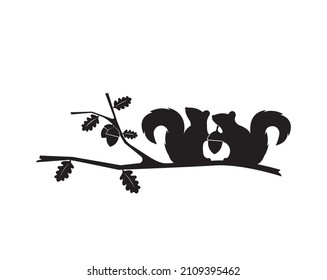 Squirrels couple silhouette on branch vector. Squirrels silhouettes, wall decals. Art decoration, wall decor. Squirrels silhouettes on branch isolated on white background, illustration