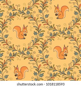 Squirrels in curling branches on yellow background. Seamless pattern for textile design and decoration
