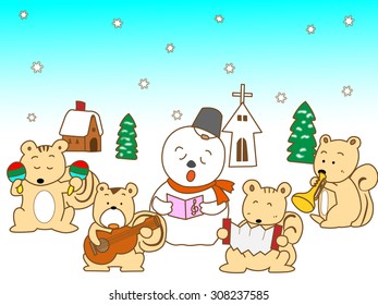 Squirrels doing a music concert in a winter mountain