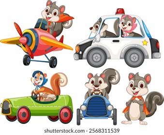 Squirrels driving various colorful vehicles with excitement