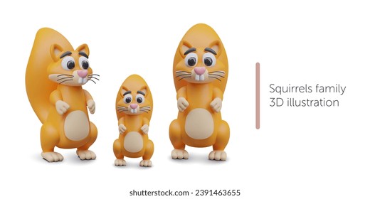 Squirrels family 3D illustration. Portrait of fox squirrel. Wildlife concept. Funny forest wild animals. Vector illustration in 3D style with place for text