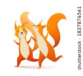 Squirrels friends running happy smiling and holding hands, animal friendship for kids. Vector watercolor style cartoon.