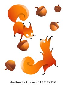 Squirrels and hazelnuts clipart, cute animal character illustration for children. Funny adorable squirrel and nuts cartoon for kids. Isolated vector clipart.