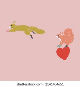 Squirrels and heart shape, hand drawn illustration for Valentine's Day