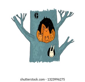 Squirrels in the hollow. Magic Tree. Children's Tale. 