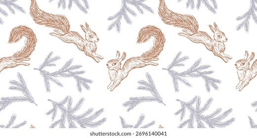 Squirrels jumping, christmas tree branches, hand drawn seamless pattern, vector, background, paper, wallpaper