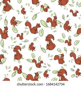 Squirrels in leaves on white background , seamless vector repeat pattern, seamless vector repeat pattern, surface design