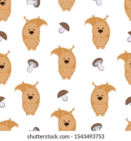 Squirrels and mushrooms. Seamless pattern. On a white background color image of squirrels and mushrooms. Vector illustration.