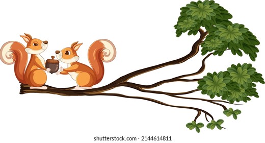 Ardillas en la ilustración de la rama del árbol