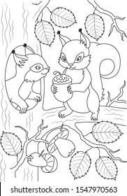 Squirrels outline. Forest animals coloring page. Animals vector illustration. Wild Animals cartoon. Sketchy Animals. Kids coloring pages