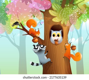 Squirrels owl and raccoon stocking hazelnuts in a big hollow tree trunk in forest, wallpaper illustration for children with green nature and wild woods. Vector animals background for kids.