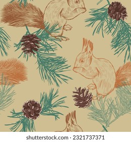 
Squirrels and pine branches with cones. Seamless pattern of wild life.  Vector hand  drawn design.
