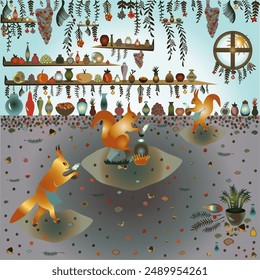 Squirrels prepare a medicine from herbs and roots. Illustration for the fairy tale "Dwarf Nose"