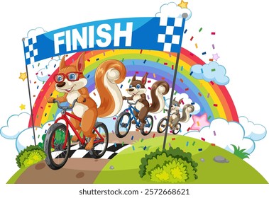 Squirrels racing bicycles under a colorful rainbow